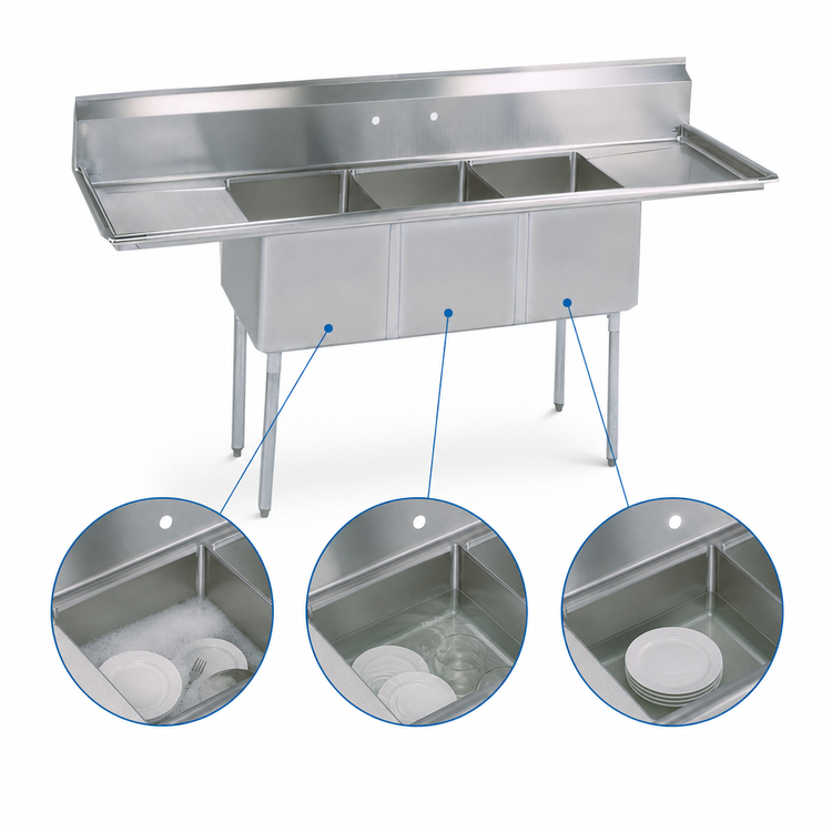 Product image #3 for BK Resources 3-Compartment Commercial Sink with Left and Right 24-Inch Drainboards, 108-Inch Wide