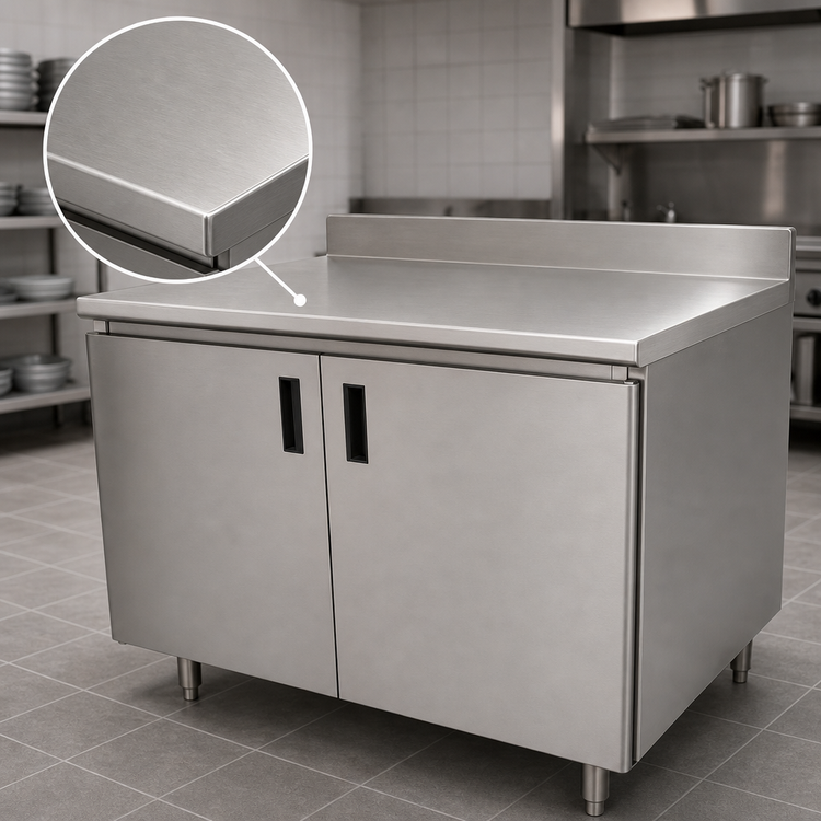 Product image #3 for Advance Tabco 48" x 36" Enclosed Work Table with Cabinet Base, Mid-Shelf, Hinged Doors, 14-Gauge 304 Stainless Steel Top, and 5" Backsplash