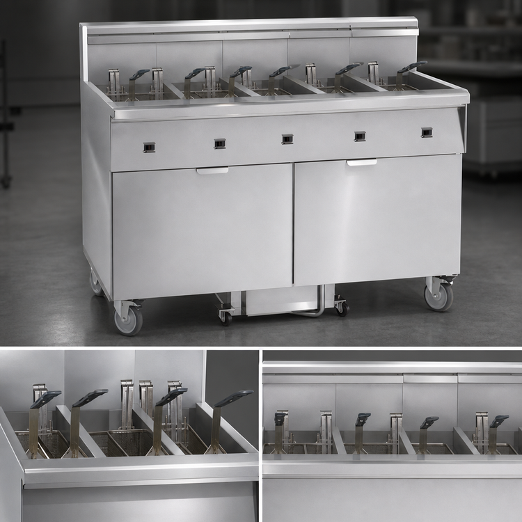 Product image #3 for Imperial 5-Battery Electric Floor Fryer with Built-In Space Saver Filter System, 50 lb. Tanks