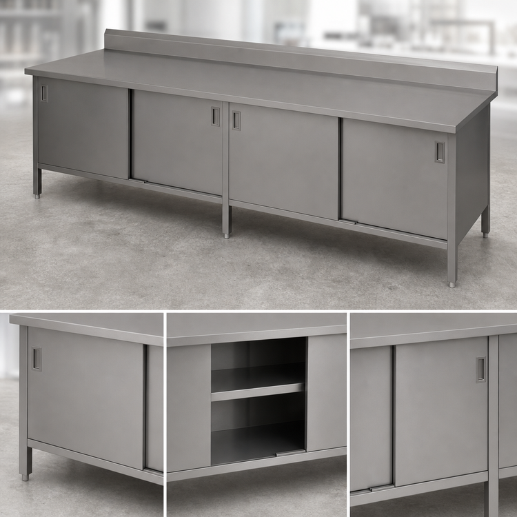 Product image #3 for John Boos Enclosed Base Work Table with Sliding Doors, 84 Inch W x 24 Inch D, 16-Gauge Stainless Steel Top, 5-Inch Backsplash