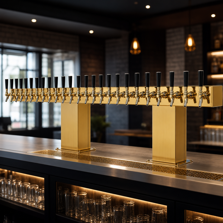 Product image #3 for Perlick 4006-24BTF4 Extra High 24-Faucet Bridge Tee Glycol-Cooled Countertop Draft Beer Tower, Tarnish-Free Brass
