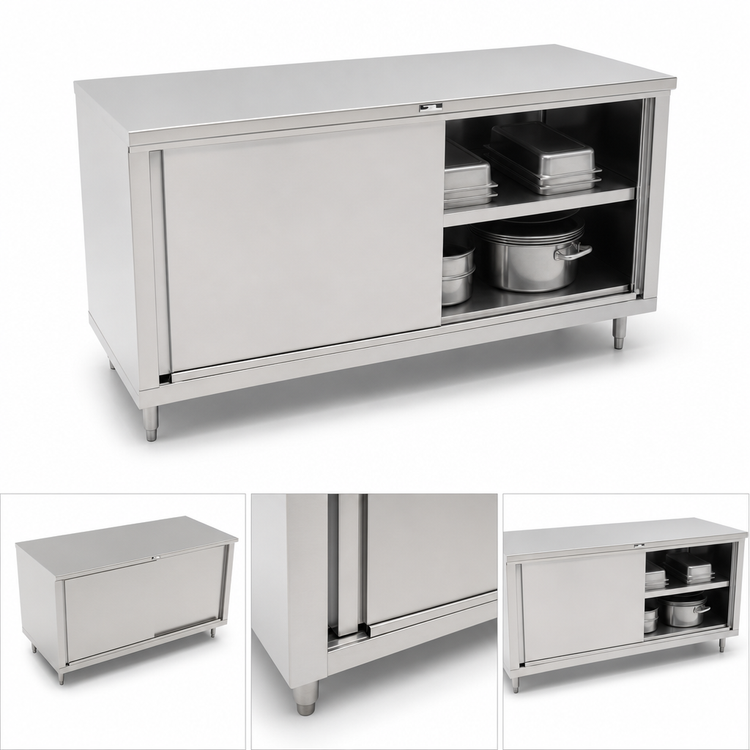 Product image #3 for John Boos 84 x 36 Inch Enclosed Cabinet Base Work Table with Sliding Doors, 16-Gauge 300 Series Stainless Steel Top