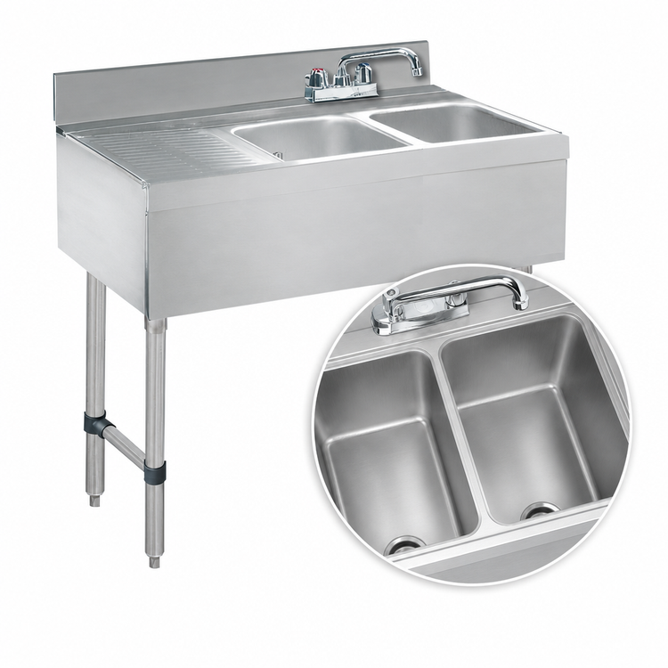 Product image #3 for Advance Tabco Underbar Basics 48-Inch 2-Compartment Stainless Steel Bar Sink Unit with Left Drainboard and Deck-Mount Faucet
