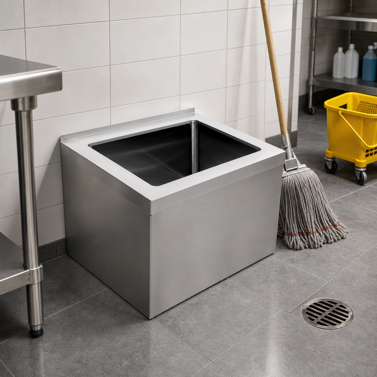 Product image #3 for Omcan USA Floor-Mount Stainless Steel Mop Sink with 28 x 20 x 12-Inch Deep Bowl and Drain Basket