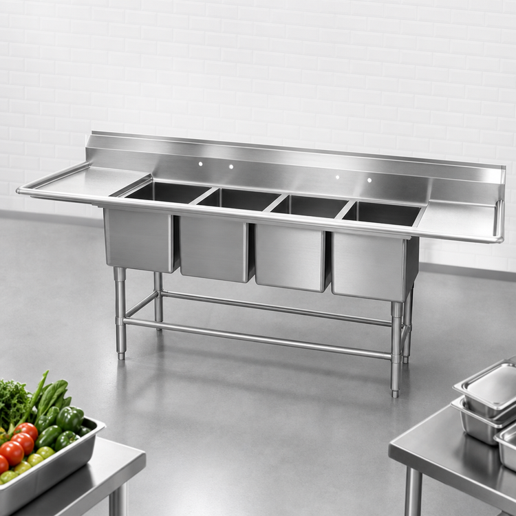 Product image #3 for Spec-Master 4-Compartment Coved Corner Commercial Sink with 36-Inch Left Drainboard, 14-Gauge Stainless Steel