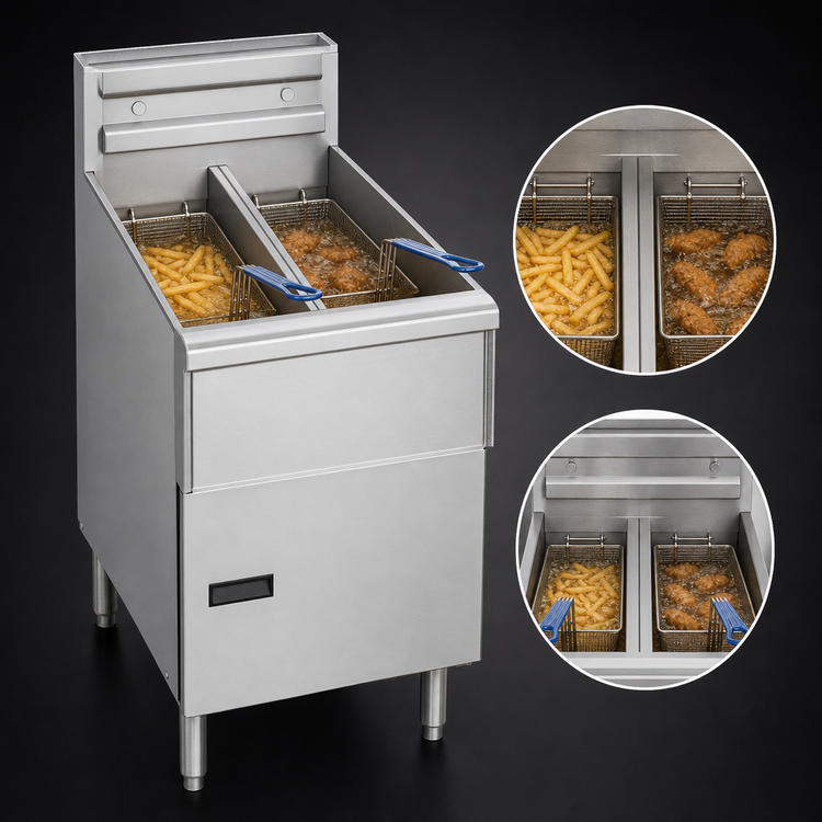 Product image #3 for Pitco Solstice SE14T Electric Floor Model Commercial Deep Fryer with Split Frypot, Dual 20-25 lb Tanks, 17 kW