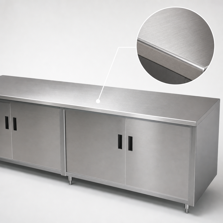 Product image #3 for Advance Tabco 120-Inch x 30-Inch 14-Gauge 304 Stainless Steel Flat Top Enclosed Work Table with Cabinet Base and Hinged Doors