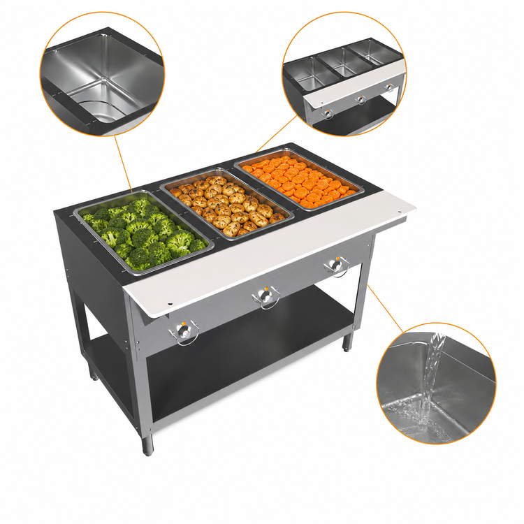 Product image #4 for BK Resources ST-3 3-Pan Electric Open Well Steam Table with Open Shelf Base and Cutting Board Shelf