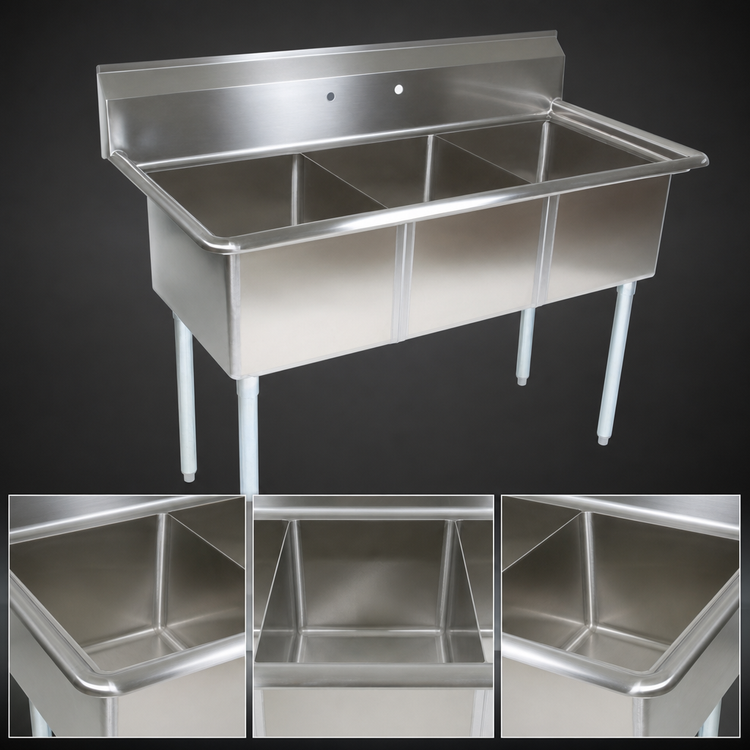 Product image #3 for John Boos E-Series 3-Compartment Stainless Steel Sink with Boxed Backsplash, 35 x 19-1/2 x 43-3/4 Inches