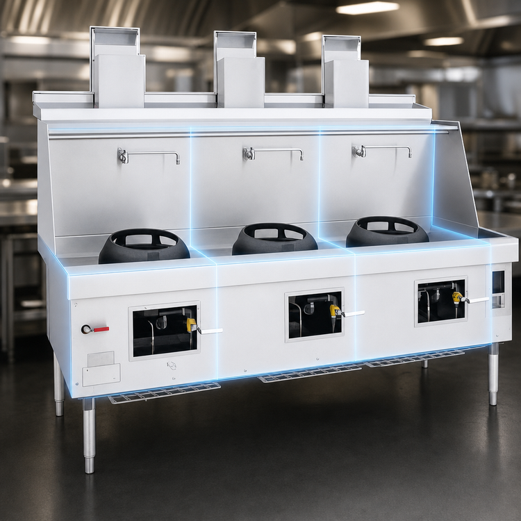 Product image #3 for York 3-Chamber Gas Wok Range with Water-Cooled Top and Chinese Swing Faucets