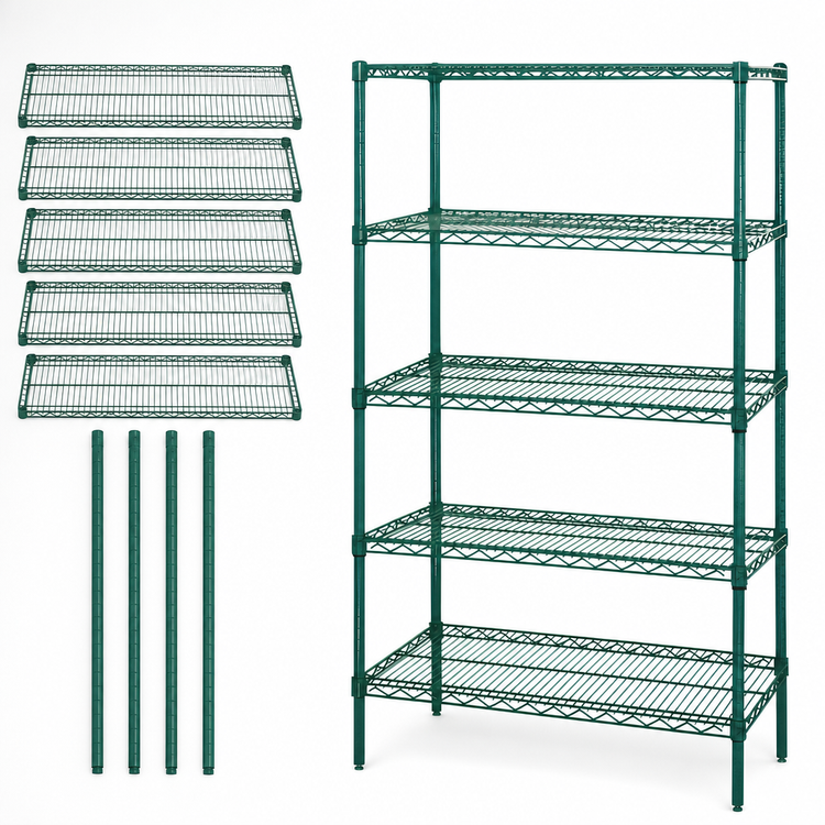 Product image #3 for Quantum Stationary Wire Shelving Starter Kit, 72W x 14D x 74H, 5 Shelves, Green Epoxy