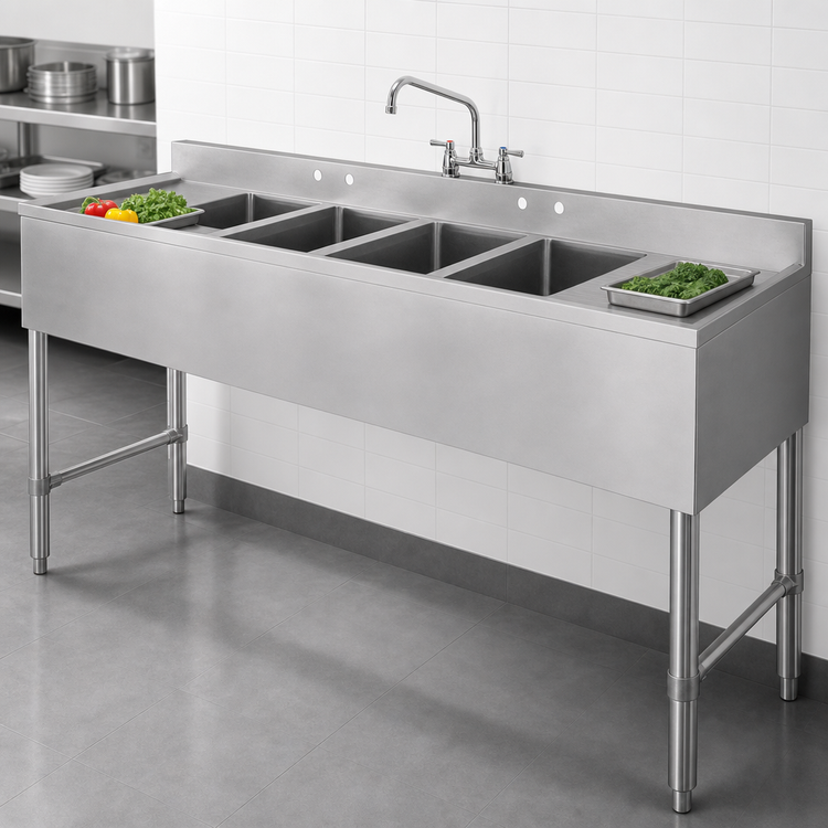 Product image #3 for 72-Inch 4-Compartment Stainless Steel Floor Model Deli Sink with Dual Drainboards and Faucet