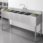 Thumbnail image #3 for Klinger's Trading DEL42D 72-Inch 4-Compartment Stainless Steel Floor-Model Deli Sink with Dual Drainboards, Faucet, and 16-Gauge Top