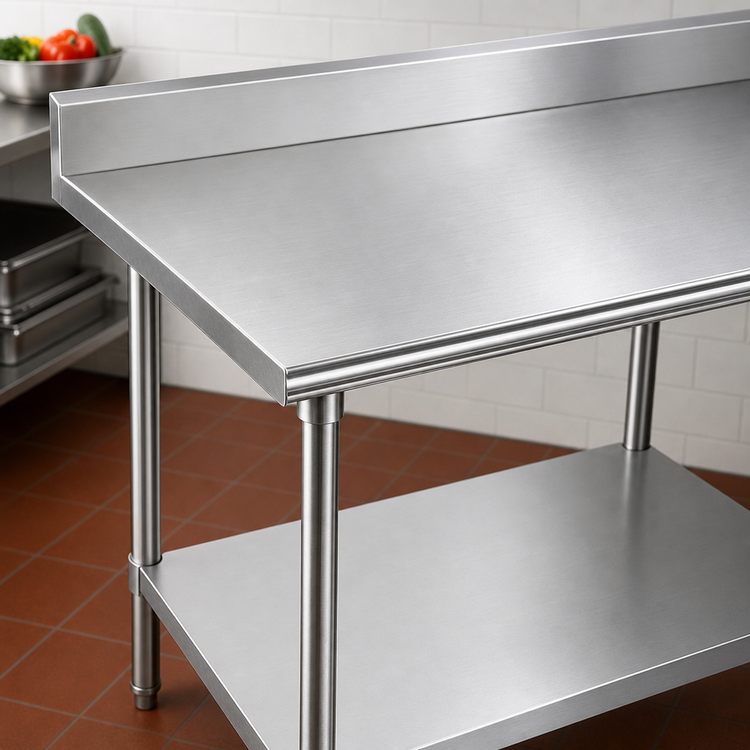 Product image #3 for Advance Tabco 144 Inch x 30 Inch Stainless Steel Work Table with 5 Inch Backsplash and Adjustable Undershelf