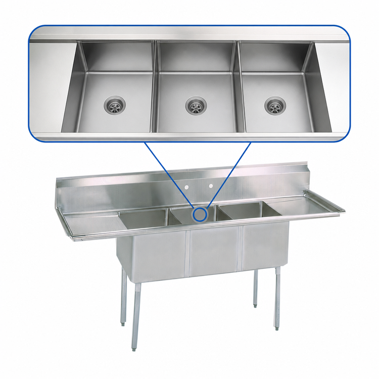 Product image #3 for BK Resources 3-Compartment Stainless Steel Sink with Left and Right Drainboards, 96 Inch Wide