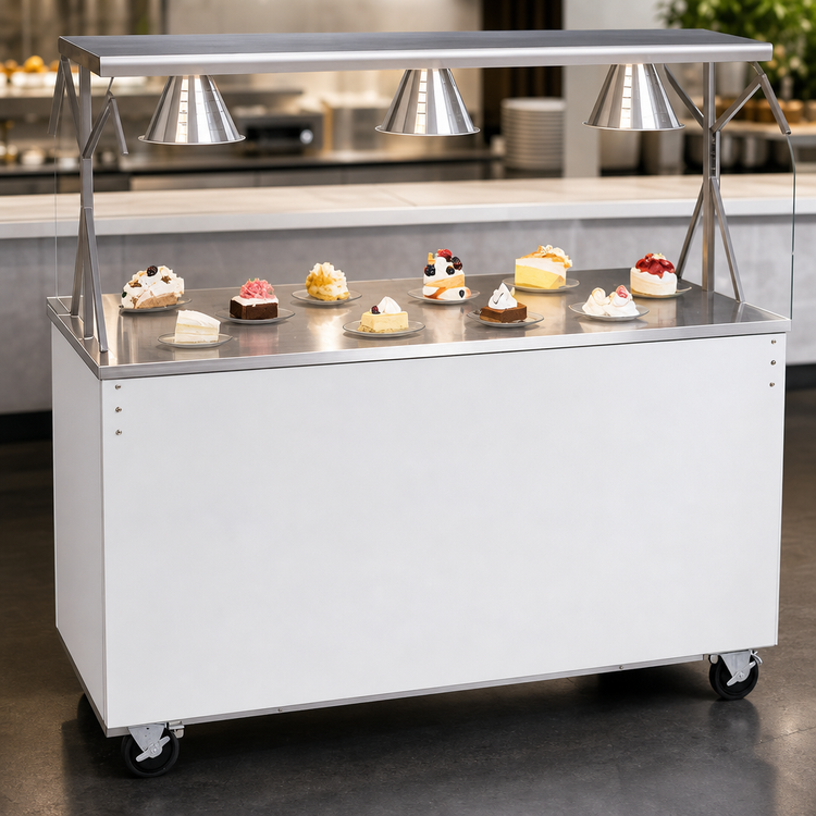 Product image #3 for Vollrath 2-Series Affordable Portable 60-Inch Mobile Utility Station with Solid Stainless Steel Top, Buffet Breath Guard Lights, and White Enclosed Base