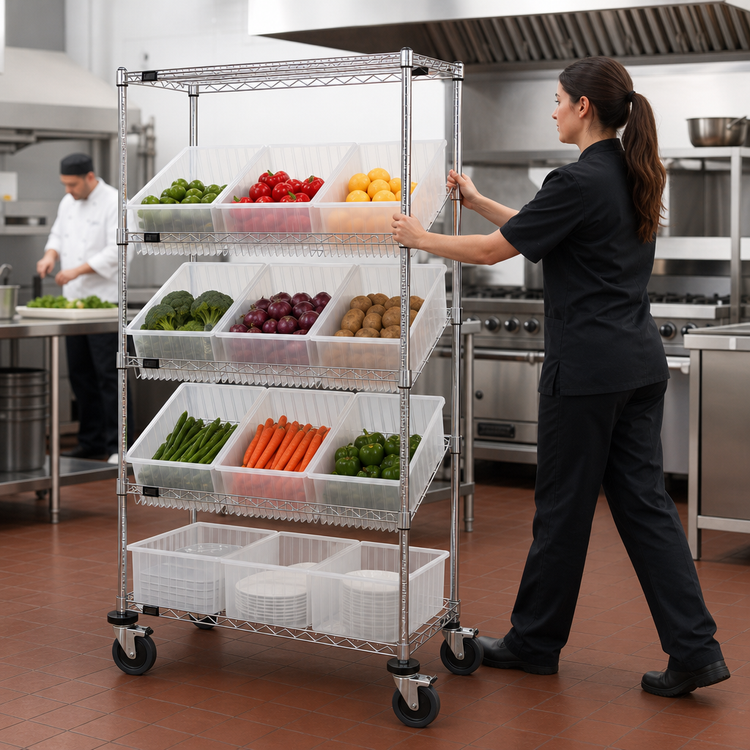 Product image #3 for Quantum Mobile Wire Shelving Bin System with 12 Clear Bins, 36 x 18 x 63 Inches, Chrome Plated Finish