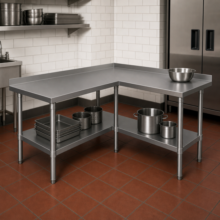 Product image #3 for John Boos L-Shaped Stainless Steel Corner Work Table with 16-Gauge Top and Adjustable Undershelf