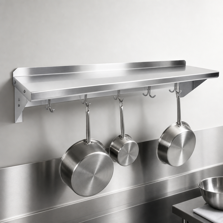 Product image #3 for John Boos Stallion 36-Inch Wall-Mount Stainless Steel Pot Rack Shelf, 12-Inch Deep, 16-Gauge, 3 Hooks