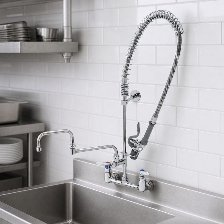 Product image #3 for T&S Brass EasyInstall 8-Inch Wall Mount Pre-Rinse Unit with Add-On Faucet, 15-Inch Double Joint Swing Nozzle, 44-Inch Hose, and Low-Flow Spray Valve