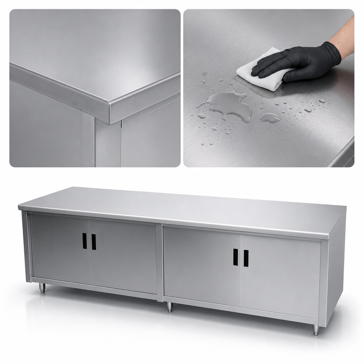 Product image #3 for Advance Tabco 84-Inch x 36-Inch Enclosed Work Table with Cabinet Base, Mid-Shelf, Hinged Doors and 14-Gauge 304 Stainless Steel Top