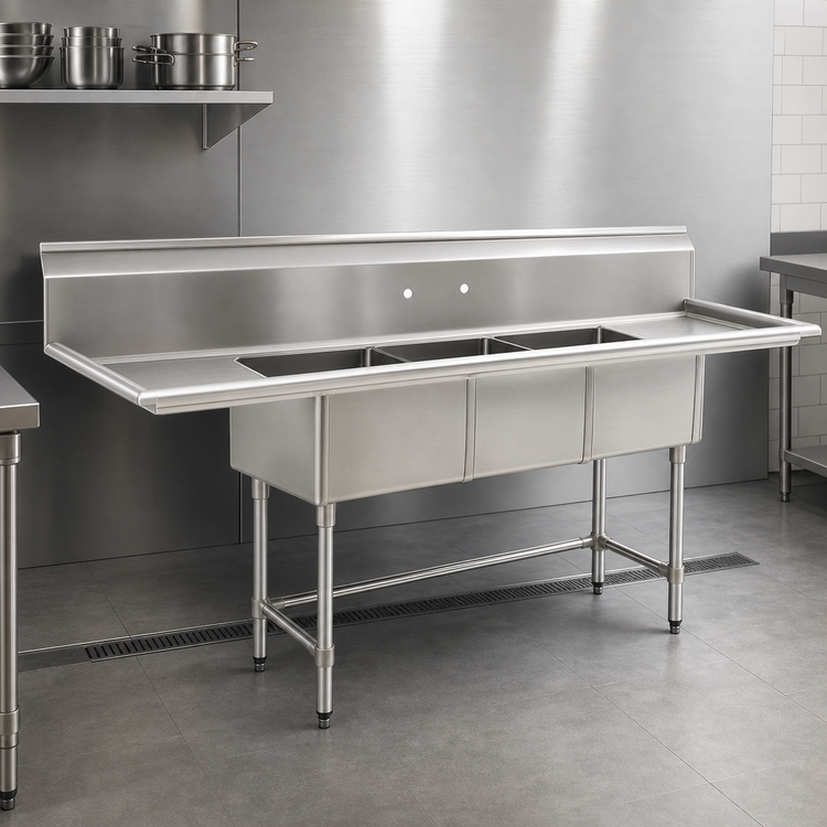 Product image #3 for BlendPort® BPFC Series 60-Inch 3-Compartment Sink with Dual 12-Inch Drainboards, 304 Stainless Steel