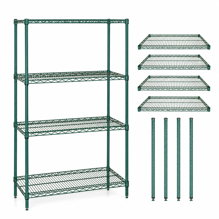 Product image #3 for Quantum 4-Shelf Stationary Wire Shelving Starter Kit, 42"W x 30"D x 54"H, 600-800 lb Capacity, Green Epoxy Antimicrobial Finish