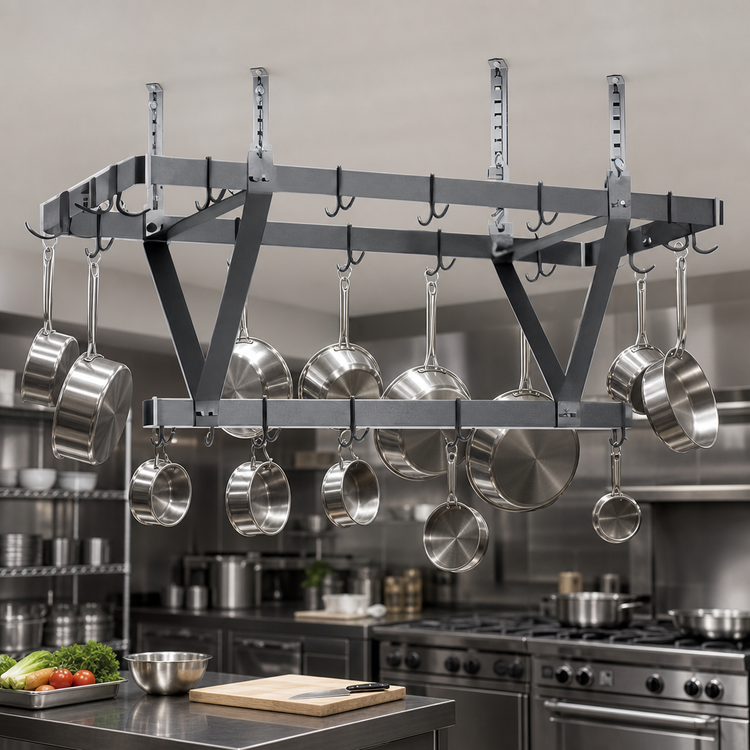 Product image #3 for Eagle Group 88" x 20" x 18" Commercial Ceiling-Mounted Triple-Bar Aluminum Pot Rack with 24 Double-Pronged Hooks