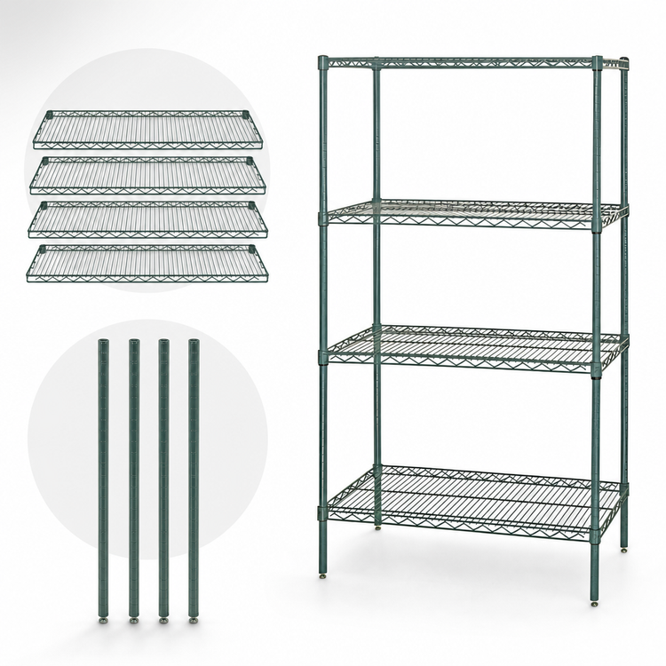 Product image #3 for Quantum 42 x 14 x 74-Inch 4-Shelf Wire Shelving Starter Kit, Stationary, Green Epoxy Antimicrobial Finish