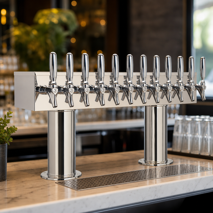 Product image #3 for 36-Inch Wide Double Pedestal Countertop Air-Cooled Draft Beer Tower, 12 Faucets, Polished Stainless Steel