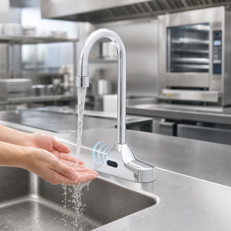 Product image #3 for ChekPoint Electronic Touchless Deck-Mount Faucet with 4-Inch Centers, Rigid Gooseneck Spout, and Hydro-Generator Power