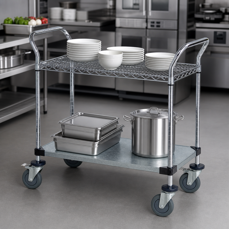 Product image #3 for Quantum WRC-2142-2CG 42-Inch x 21-Inch Chrome-Plated Utility Bus Cart with Wire and Solid Shelves, 1200 lb Capacity