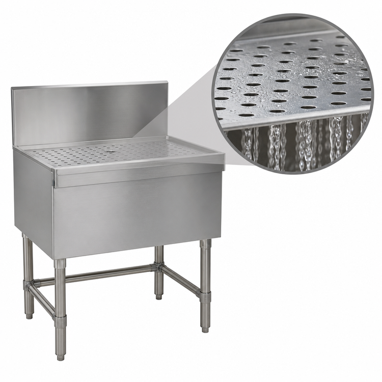 Product image #3 for Eagle Spec-Bar Freestanding Open Base Stainless Steel Workboard with 8 Inch Backsplash, Perforated Insert, and Drain, 42" x 19"