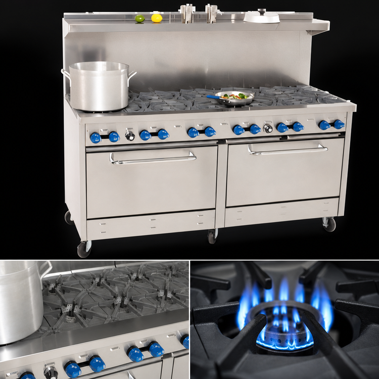 Product image #3 for Comstock-Castle 72-Inch Commercial Gas Range with 12 Open Burners and 2 Extra-Wide Ovens