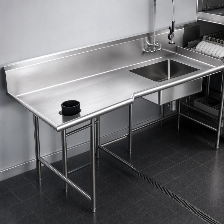Product image #3 for Eagle Spec-Master Left-Hand Island Soiled Dishtable with Pre-Rinse Sink, 72-Inch Machine-to-Corner x 60-Inch Corner-to-End, 14/304 Stainless Steel