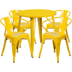 Thumbnail image #1 for Flash Furniture CH-51090TH-4-18ARM-YL-GG 30-Inch Round Table and 4-Chair Set, Yellow, Metal Armchairs