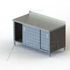 Thumbnail image #1 for AERO Manufacturing 3TGBOD-30144 Enclosed Work Table with Sliding Doors, 16-Gauge 304 Stainless Top, 144"W x 30"D x 39"H, 4" Backsplash