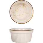 Thumbnail image #1 for International Tableware Splash™ SH-RAMF-4-CR ™ 4 oz Round Fluted Stoneware Ramekin, Crème with Dark Brown Reactive Glaze Case of 3 Dozen