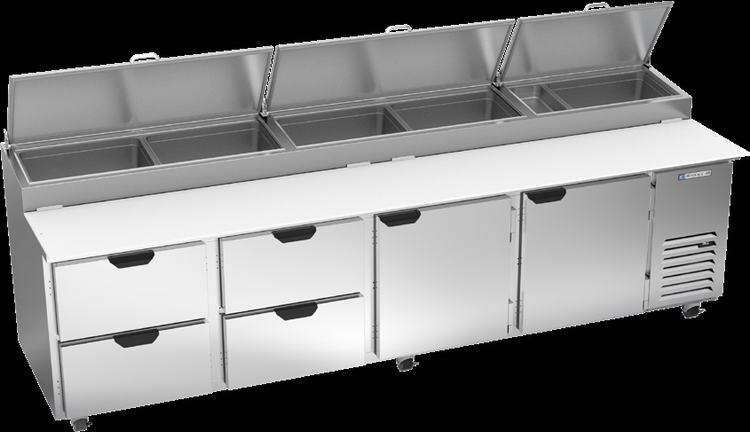 Product image #5 for Beverage-Air Four-Section Pizza Top Refrigerated Counter with Drawers and Doors, 119-Inch Wide