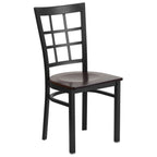 Thumbnail image #1 for Flash Furniture Hercules XU-DG6Q3BWIN-WALW-GG Restaurant Chair, Metal Window Pane Back, Walnut Plywood Seat, Black Steel Frame