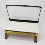 Thumbnail image #1 for Eastern Tabletop EB15635 Rectangular Waterless Chafing Dish with Gold PVD GN Base, Reinforced Glass Lid and Shallow White Porcelain Dish