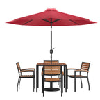 Thumbnail image #1 for Flash Furniture XU-DG-810060064-UB19BRD-GG 35" Square Synthetic Teak Patio Dining Set with Red Umbrella, Base and 4 Stacking Chairs