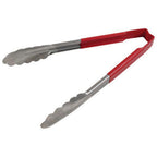 Thumbnail image #1 for AllPoints Foodservice Parts & Supplies 85380 Stainless Steel Scalloped Paddle Tongs, 9-1/2", Red Color-Coated Handle