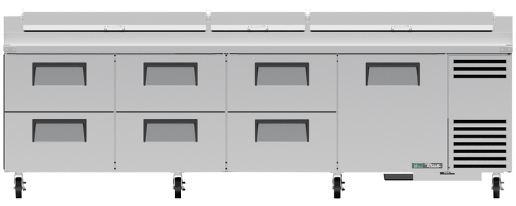 Product image #10 for True 119-1/4-Inch 4-Section Pizza Prep Table with 1 Door, 6 Drawers, and Self-Contained Side-Mounted Refrigeration