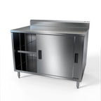 Thumbnail image #1 for NBR Equipment TCB-6024R5S Enclosed Stainless Steel Work Table, 60"W x 24"D, 14-Gauge 304 Top, 5" Backsplash, 2 Sliding Doors