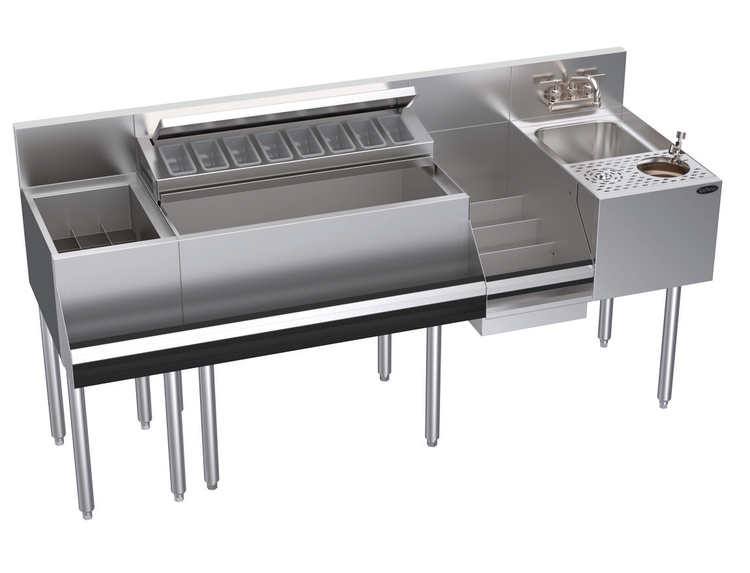 Product image #6 for Krowne Zero-Step 68-Inch Underbar Beverage Workstation with Center Ice Bin, 10-Circuit Cold Plate, Dump Sink, and Speedrail