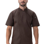 Thumbnail image #1 for Chef Works BCSZ009-ESP-L Men's Large Espresso Short-Sleeve Chef Coat, 65/35 Poly/Cotton Twill