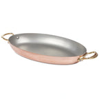 Thumbnail image #1 for JB Prince Mauviel R268 35 14" Round Copper Au Gratin Dish with Handles, Stainless Steel Interior
