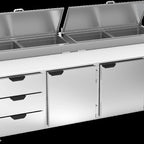 Thumbnail image #5 for Beverage Air DPD93HC-3 93-Inch Three-Section Pizza Prep Table with 2 Doors, 3 Drawers, and 19-Inch Cutting Board