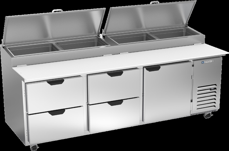Product image #5 for Beverage-Air Three-Section Refrigerated Pizza Prep Table with 4 Drawers, 1 Door and 19-Inch Cutting Board